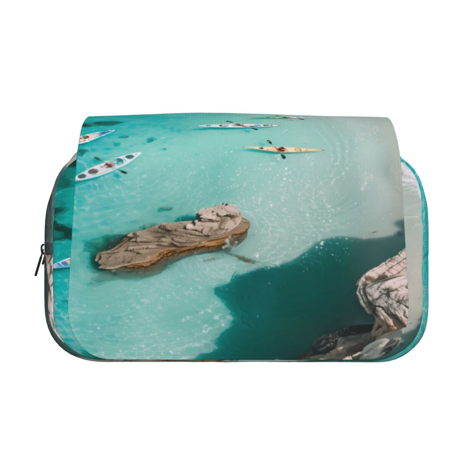 Rateoe Turquoise Beach Kayaking Pattern Double Clamshell Pen Case, Storage Organizer with Two Zipper Compartments– Holds Up to 50 Pencils & Pens