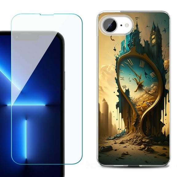 For For iPhone 16e Phone Case Cover, Shockproof Case with Tempered Glass Screen Protector, by OneToughShield - Melting Clock