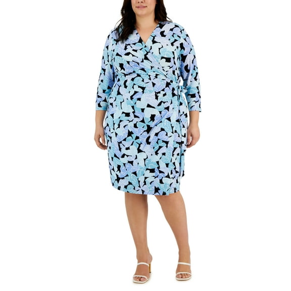 Plus Size Printed Wrap Dress Siren Blue/Bright White 0X