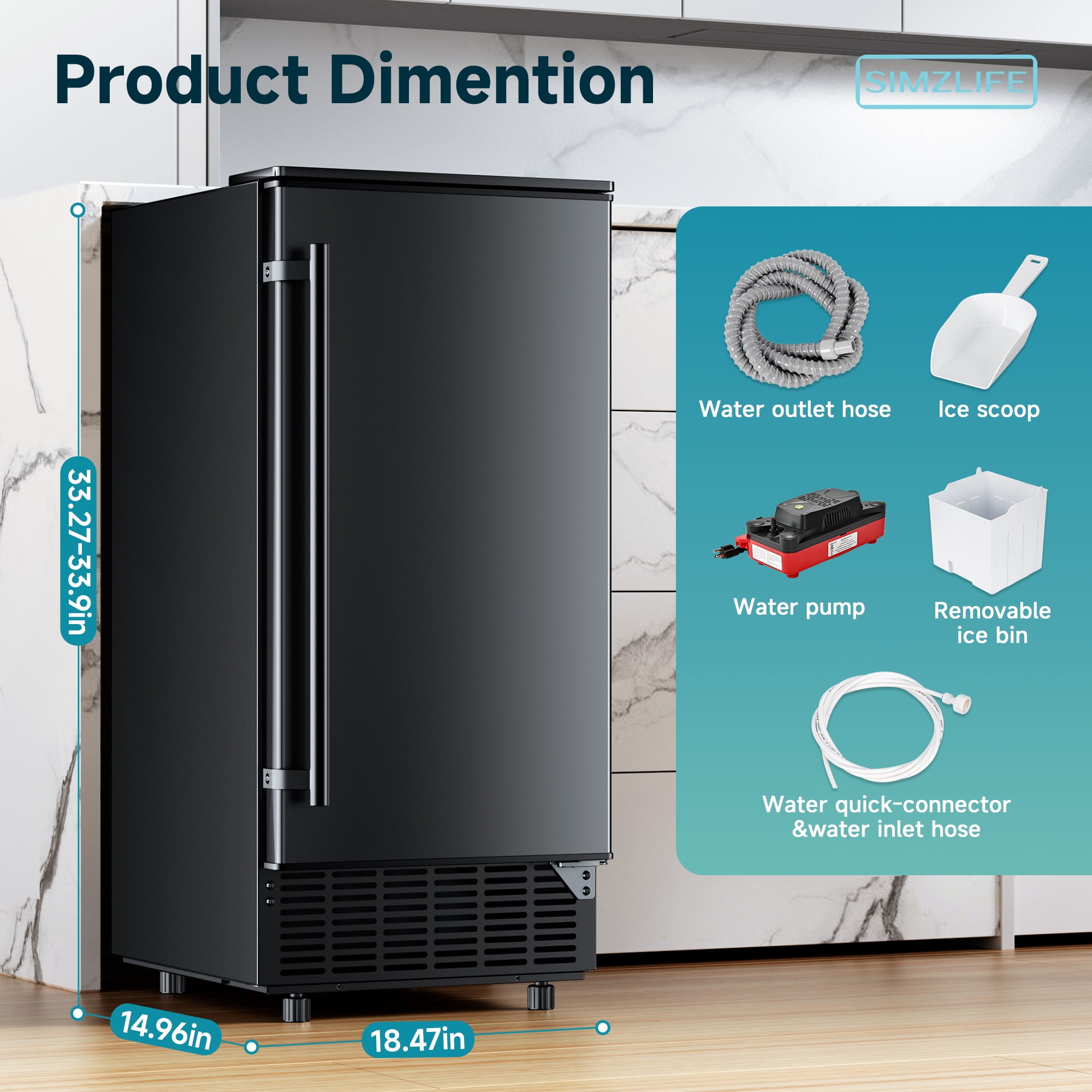 SIMZLIFE Built-in Ice Maker 80Lbs/24H, Under Counter or Freestanding, Self-Cleaning, Kitchen & Bar, Black
