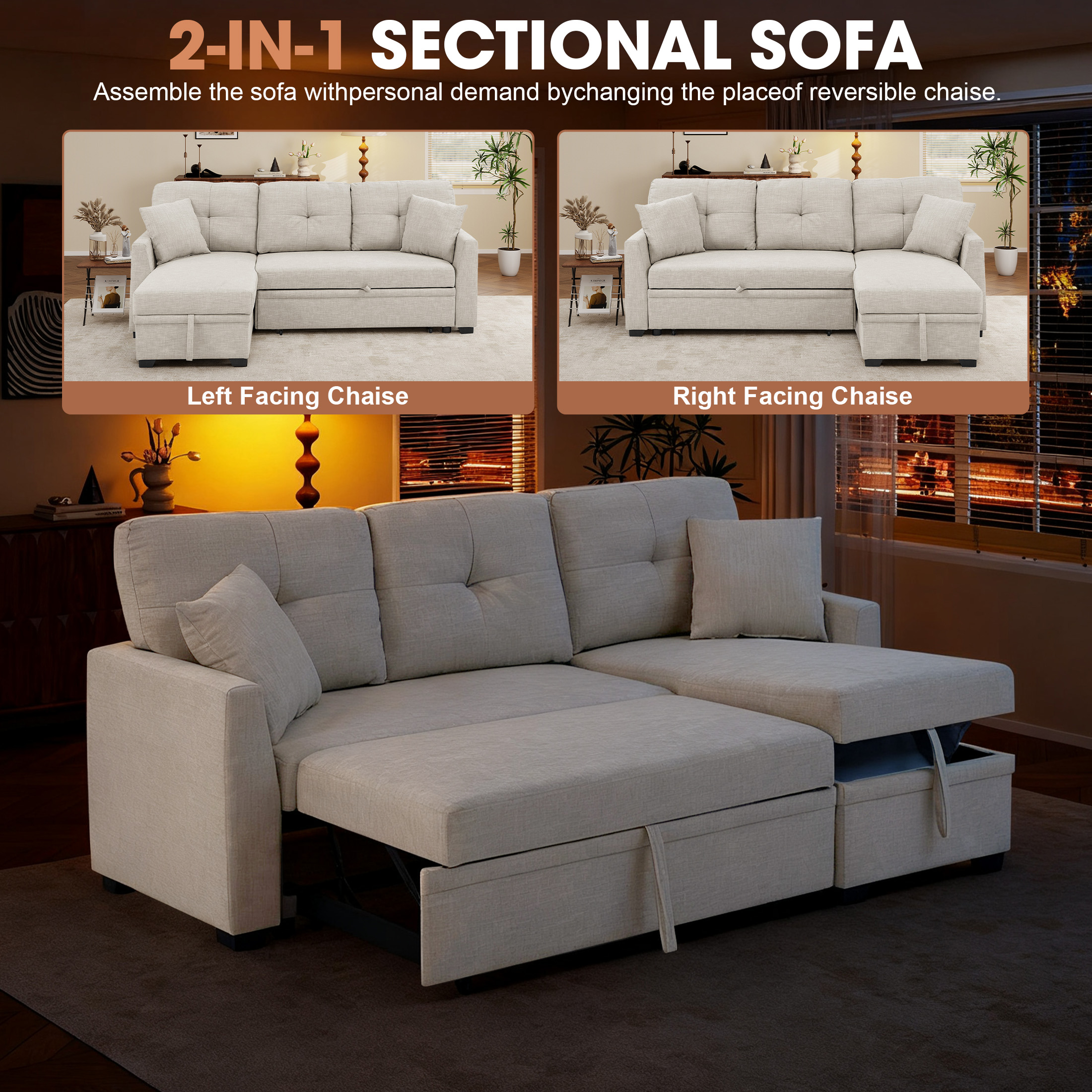 Aukfa Pull-Out Sleeper Sofa Bed with Storage Chaise, Reversible Loveseat for Living Room, Linen, Beige