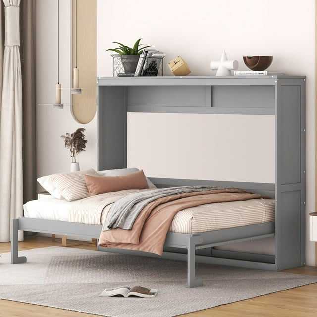 MODERNLUXE Full Size Murphy Bed,Solid Wood Wall Platform Bed for Home Office or Small Room, Gray