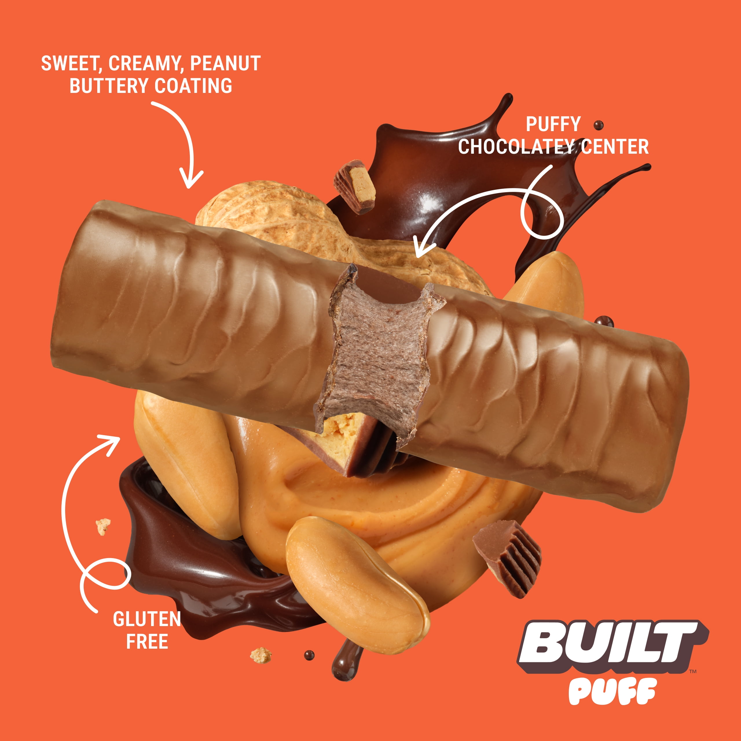 BUILT Puff Protein Bar, Peanut Butter Cup, 17g Protein, Collagen, 150 Calories, 8 Count Box, 1.41 oz Bars