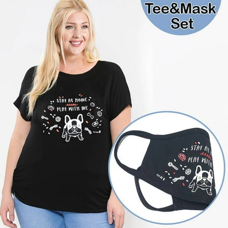 2Pcs Set Plus Size Women GRAPHIC TEE & PRINT RHINESTONE COTTON FACE MASK SET Made in USA 2XL