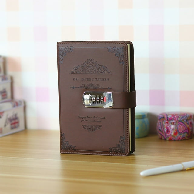 Agenda A5 con candado y bolígrafo, libreta recargable con candado de combinación, vintage(marrón)