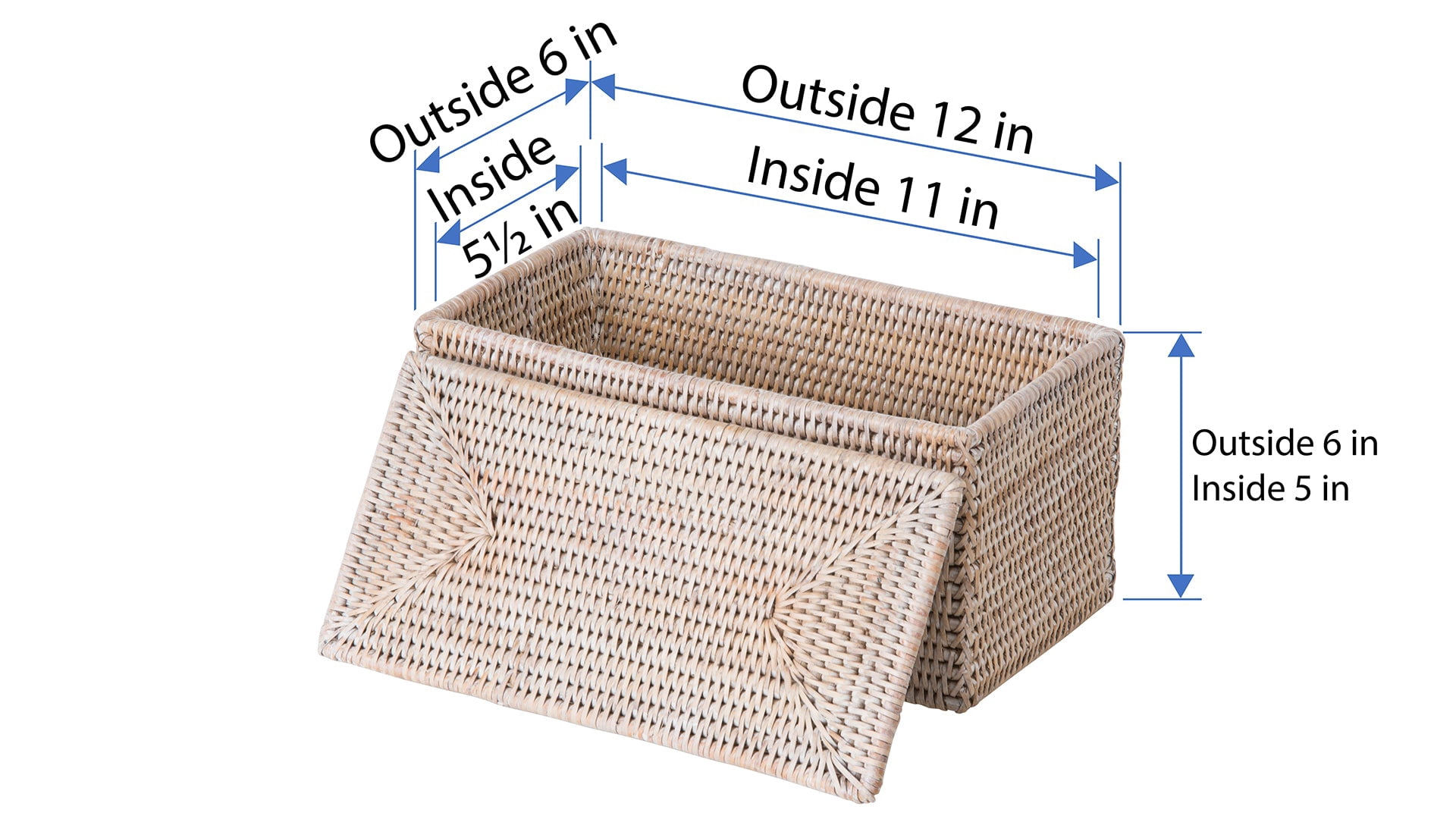 Kouboo La Jolla Rectangular Rattan Storage and Toilet Roll Storage Basket Decorative Storage Bins, Organizer, Household, Basket With Lid, White Wash