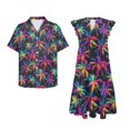 thumbnail image 4 of Garronmavis Colorful Palm Leaf Matching Couple Outfits Men's Short Sleeve Shirt Comfort Beach Shirts for Summer and Women's V-neck Dress Size 3XL Flowy Hawaiian Party Sundress, 4 of 7