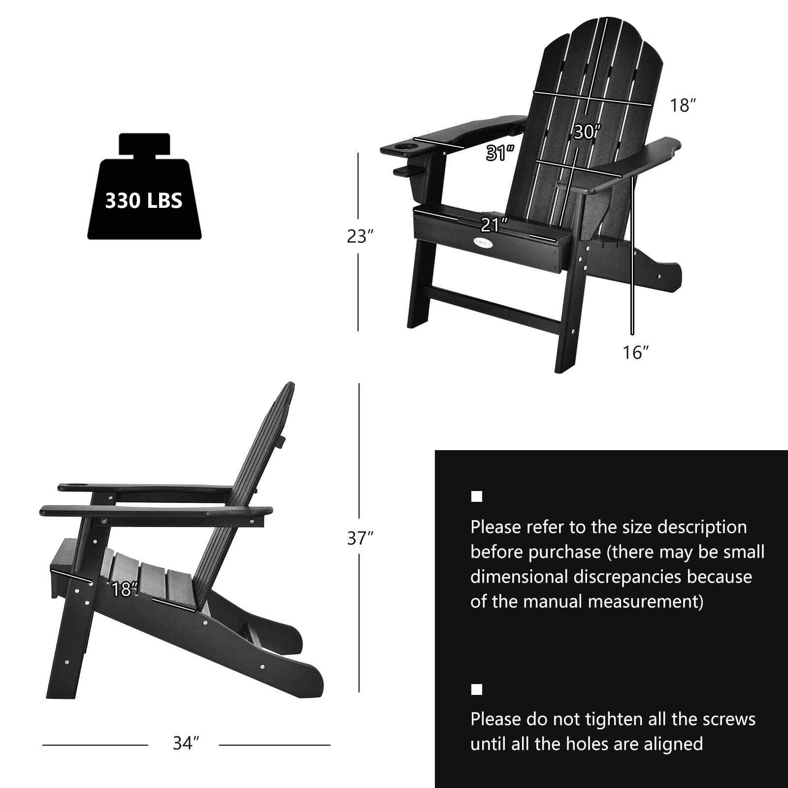 Patiojoy Adirondack Chair Outdoor with Cup Holde Weather Resistant Lounger Chair for Backyard Garden Patio and Deck Black