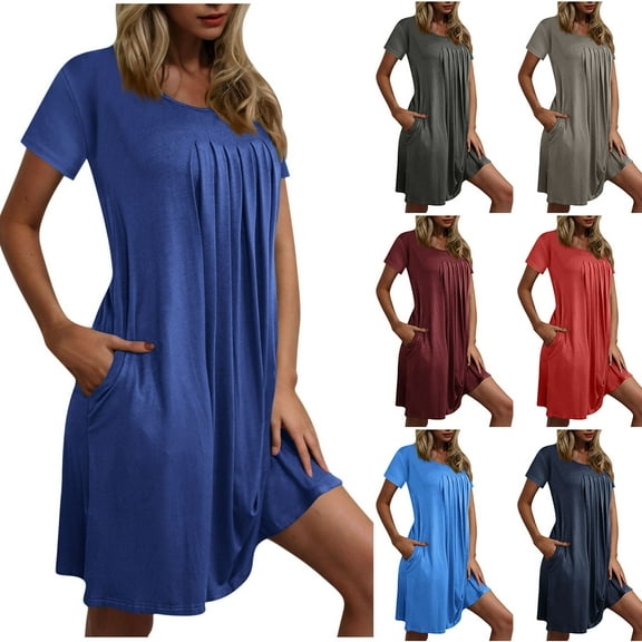 Aboser Women's Short Sleeve Nightgown with Pockets Trendy Pleated Front Sleepwear Casual Round Neck Nightshirts Solid Color Mini Loungewear