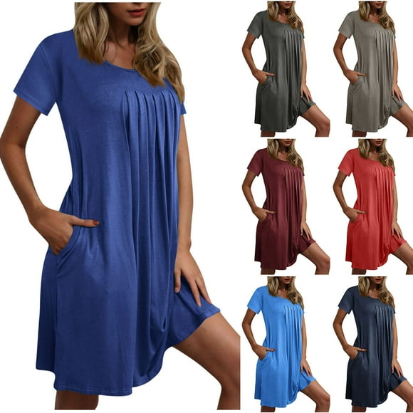 yoeyez Spring Dresses for Women Summer Round Neck Pleated Folding Sundress with Pockets Comfy Loose Solid Dresses Fashion Short Sleeve Summer Sleep Dress Wine,S