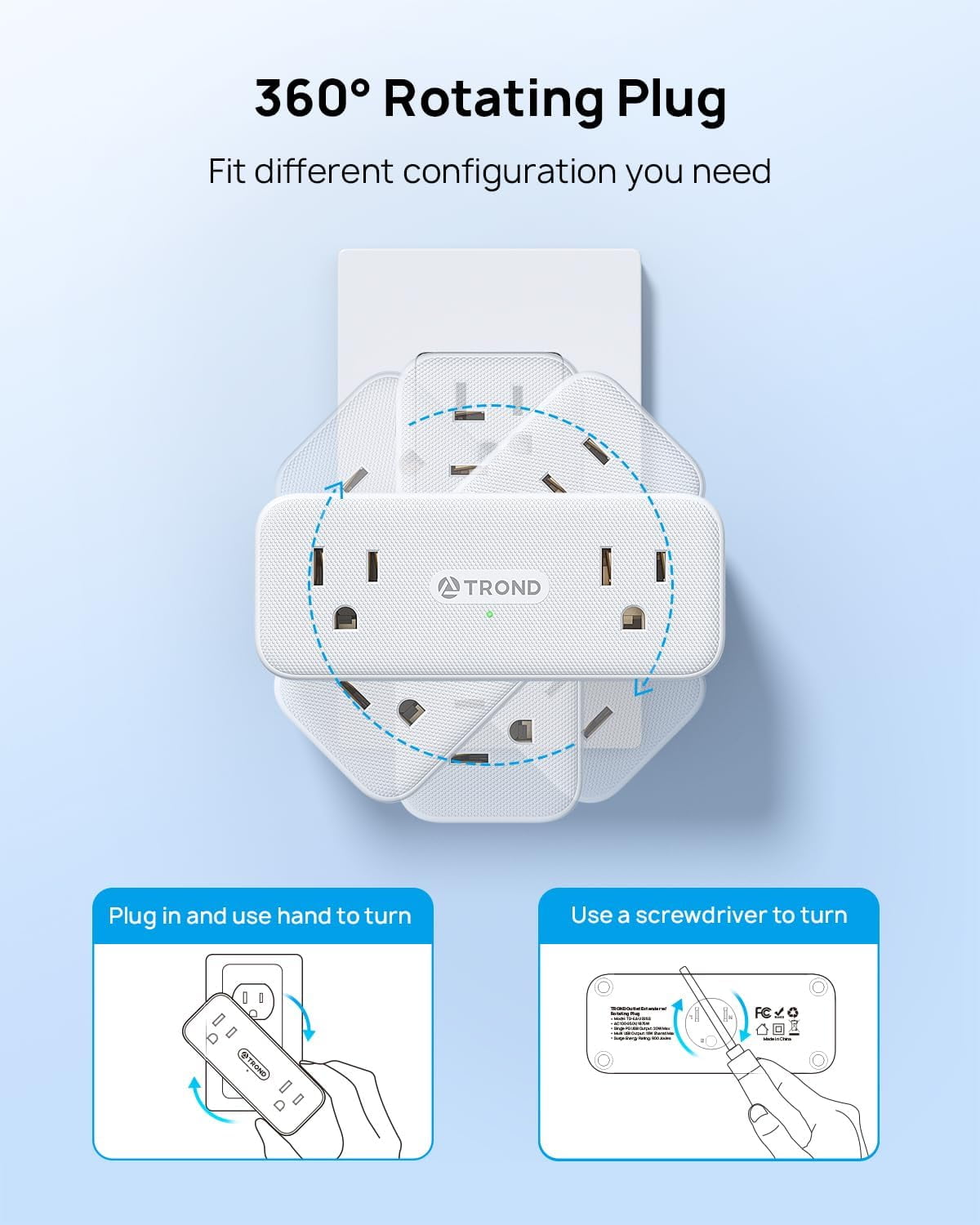 Outlet Extender with 360° Rotating Plug, Multi Plug Adapter with 6AC Sockets and 2 PD 20W USB C Ports, 3 Sided Outlet Splitter Wall Charr Spaced for Kitchen Bathroom Bedroom