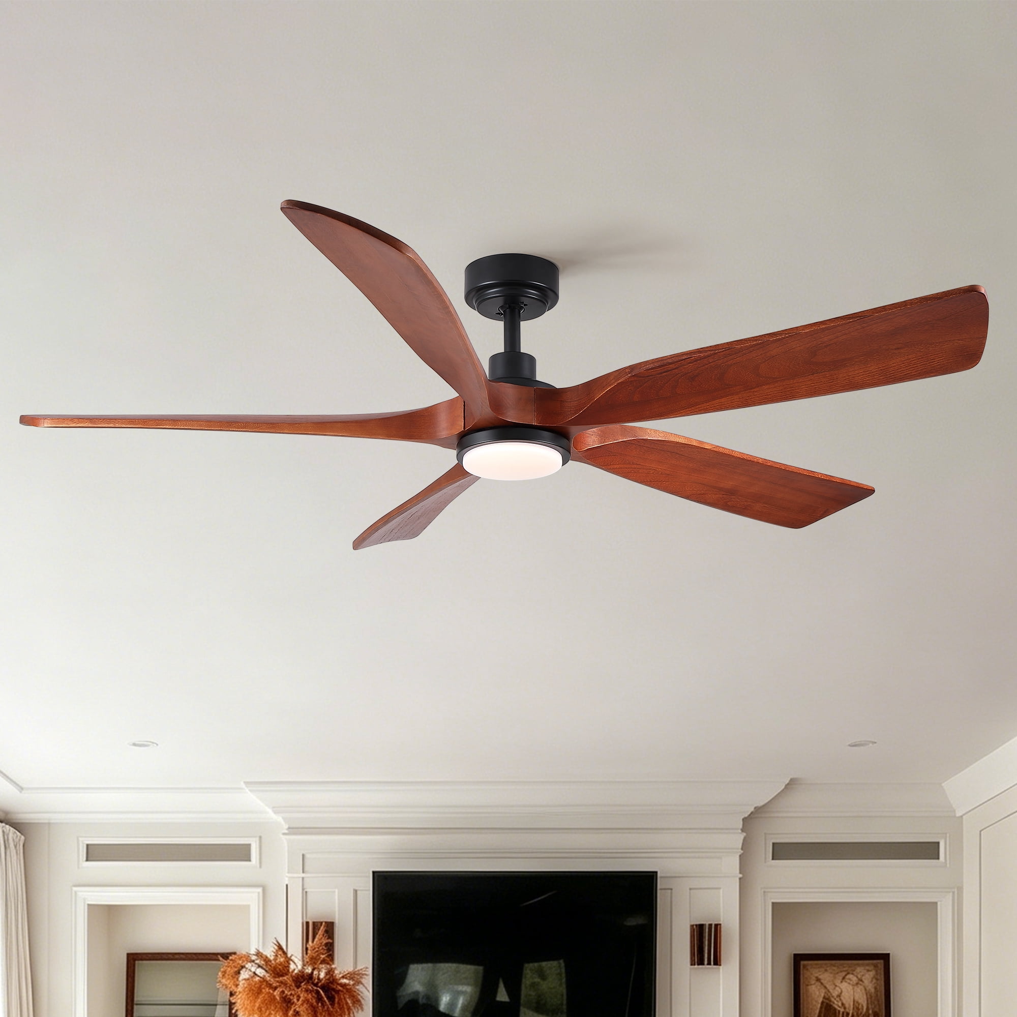 60" Vintage Mahogany Solid Wood Ceiling Fan with Light and Remote Control, Noiseless, Dimmable, 3CCT, 6 Speeds Reversible, Quiet DC Ceiling Fans for Indoor or Covered Outdoor Use