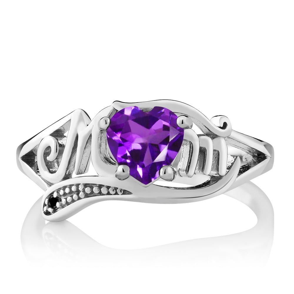 Gem Stone King 925 Sterling Silver Heart Shape Mothers Day Purple Amethyst & Black Diamond Mom Women Ring | 0.41 Cttw | Gemstone Birthstone | Size 5,6,7,8,9