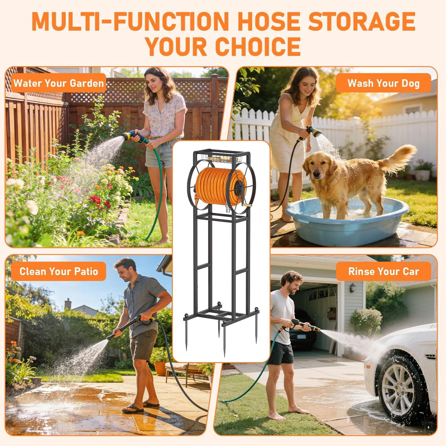 Garden Hose Reel Stand with Storage Rack - 125ft 5/8” Water Hose Organizer Holder, 4 Ground Spikes & Hooks, 3.9ft Leader Hose Brass Fitting, Detachable Metal Frame, Black