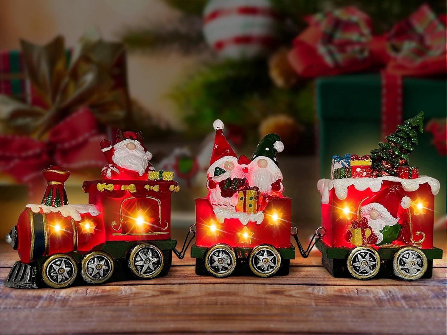 Christmas Gnome Decorations Centerpieces for Tables, Lighted Gnome Christmas Decorations Indoor Snowman Tabletop Decor, Xmas Table Centerpieces for Home, Light Up Train Figurines Table Top