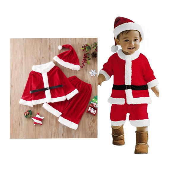 Toddler Boy Santa Outfit Long Sleeve Tops Pants Hat Belt Toddler Xmas Santa Suit Set Boys Christmas Outfit Festive Dress Outfit 12-18 Months
