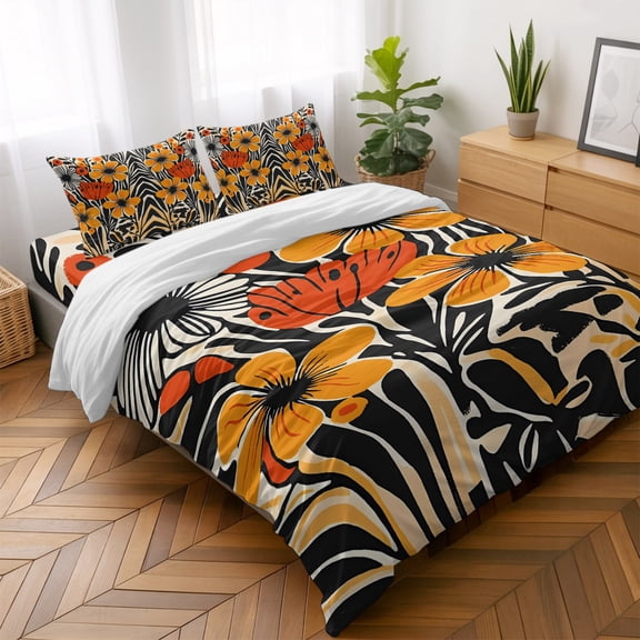 King 4 Piece Bedding Set Impressionism Style Flowers Soft Breathable Duvet Cover with Pillow Shams, Modern Orange Red Floral Art Duvet Cover Set Bed Sheets for Bedroom Dormitory Guest Room