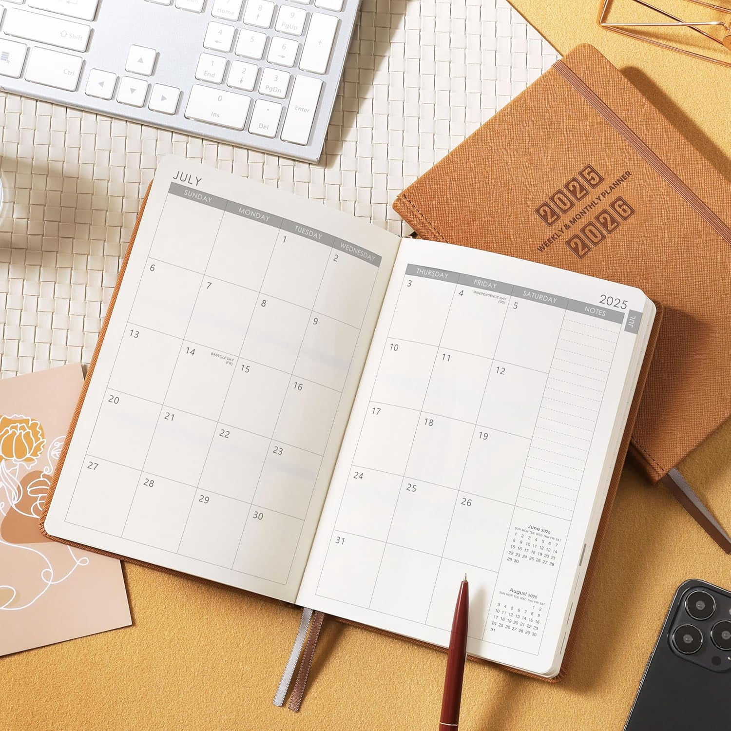 Planner 2025-2026 - Academic Planner 2025-2026 Weekly & Monthly, July 2025 - June 2026, 5.75" x 8.25", Saffiano Leather with Thick Paper, Back Pocket with 40 Notes Pages - Brown