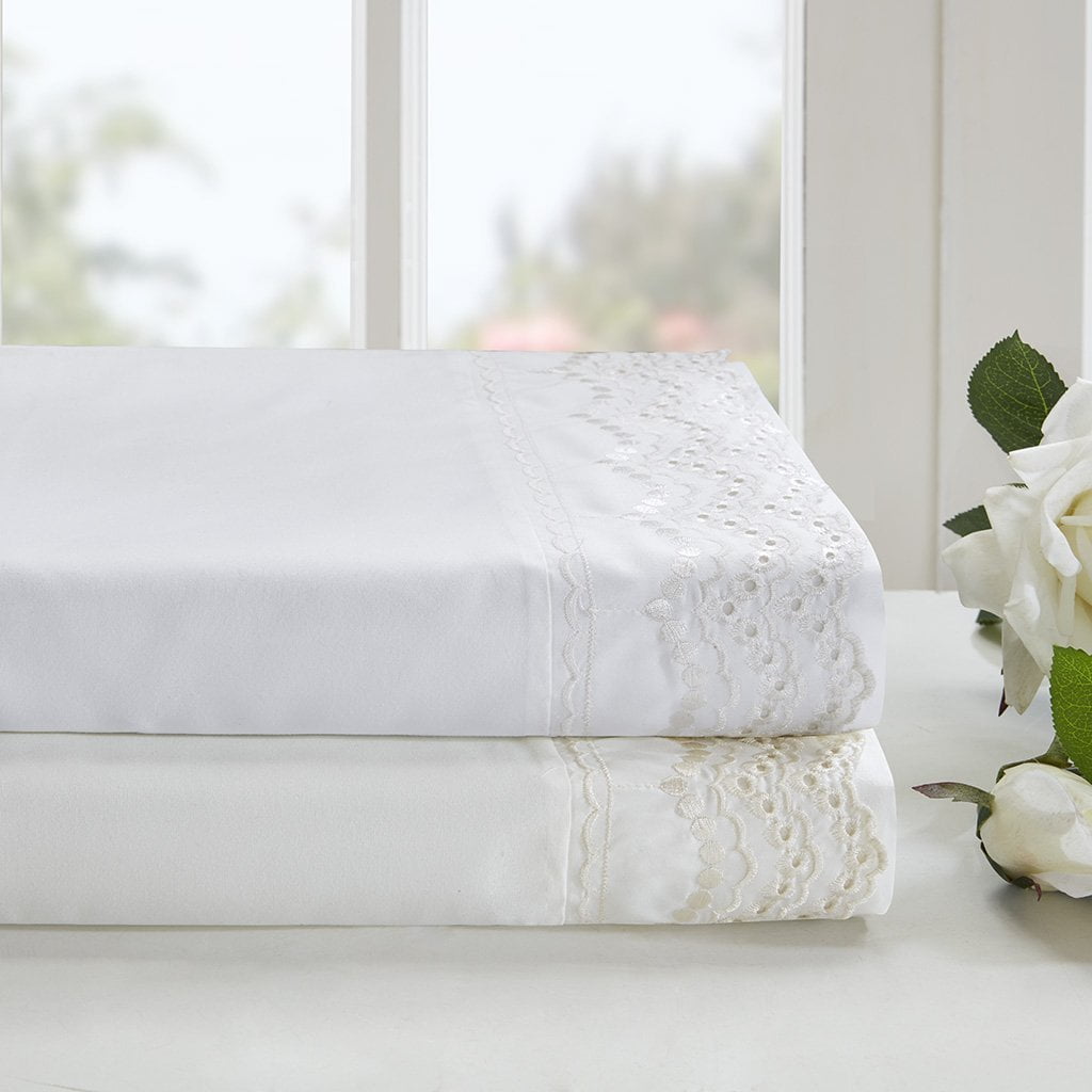 Scalloped Eyelet Embroidered Sheet Set Ivory Twin, Warm and