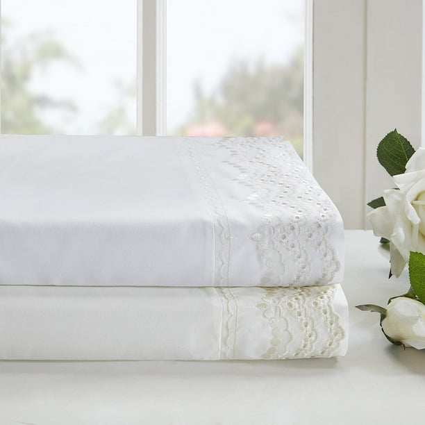 Scalloped Eyelet Embroidered Sheet Set Ivory Twin, Warm and