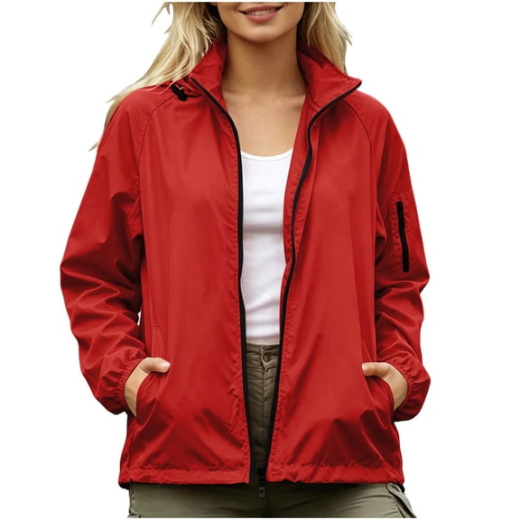 Zpanxa Winter Jackets for Women Waterproof Zip Up Rain Jacket Long Sleeve Windbreaker Solid Color with Pockets Lightweight Outdoor Casual