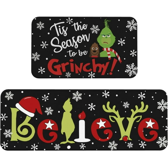 Grinch Kitchen Rug Grinch Christmas Decorations Christmas Kitchen Mats Set of 2, Non Slip Absorbent Kitchen Mats Waterproof Runner Rug for Laundry Room and Sink 17x 30/17x 48 Inches Black