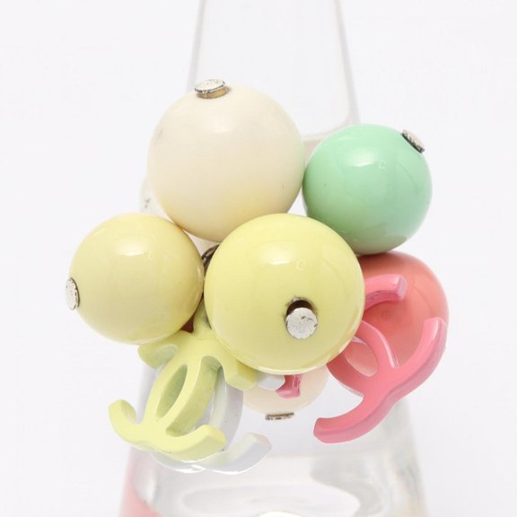 Pre-Owned Chanel Coco Mark Ring, Stainless Steel and Plastic, Women's, Silver, Multicolor