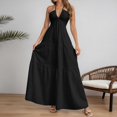 thumbnail image 2 of KHONTS Women's Deep V Neck Tie Knot Backless Halter Dress a Line Flowy Ruffle Maxi Dress Black S, 2 of 6