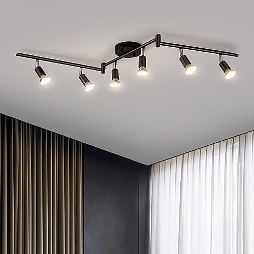 6 Light LED Track Lighting Kit, Ceiling Spot Lighting with Adjustable Light Heads & Foldable Light Arms, Matte Black Kitchen Track Lighting (GU10 Socket, Bulbs Not Included)$$Tools & Hardware Other
