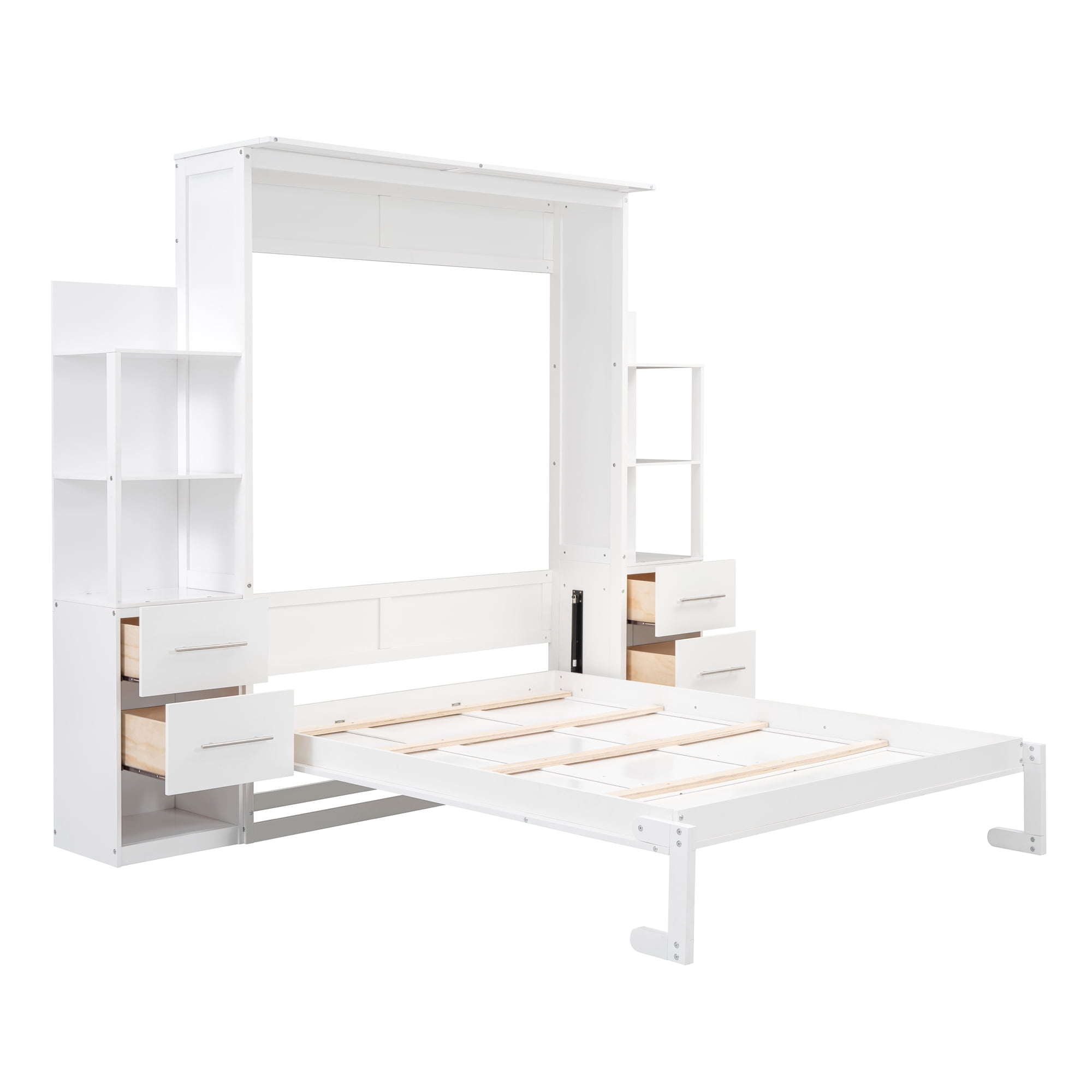 Euroco Wood Queen Size Murphy Bed with Cabinets and Drawers, Convertible Wall Bed wiht LED Light and Shelves, White