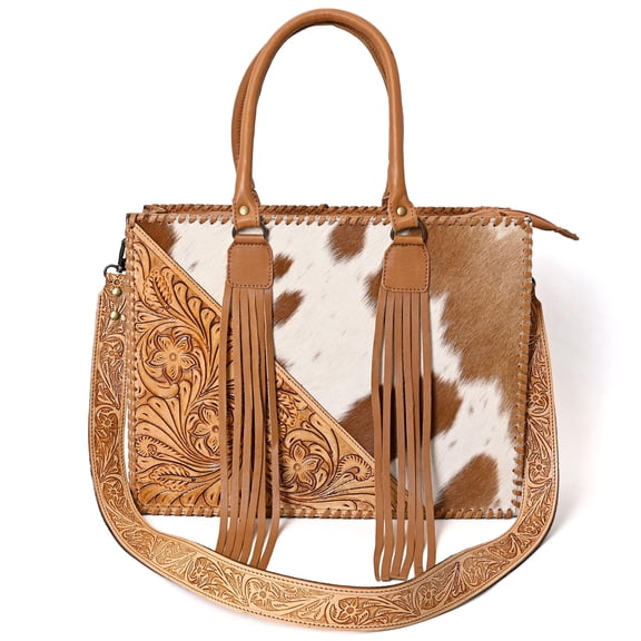 Merbaa Vegetable Tanned Cowhide Hairon Leather Tote Bag with Tooled Leather Adjustable Detachable Shoulder Strap, Western Fashion Purse