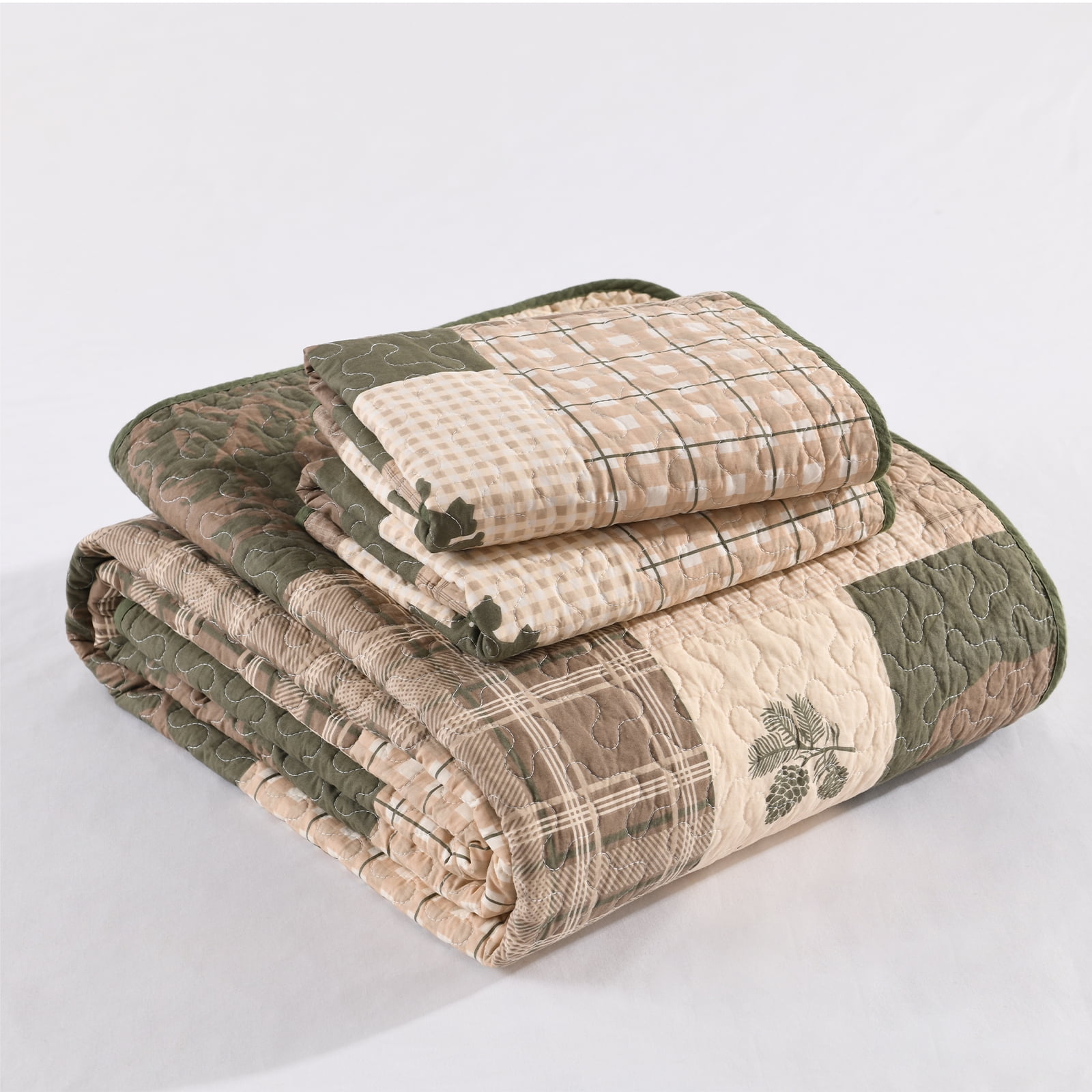 PANGUSHAN 100% Cotton King Quilt Set, Farmhouse Plaid King Size Quilt Bedding Set Bedspreads, Reversible Quilted Lightweight Comforter, Beige/Grayish Green/Brown Bed Spread for King Bed, 3pcs