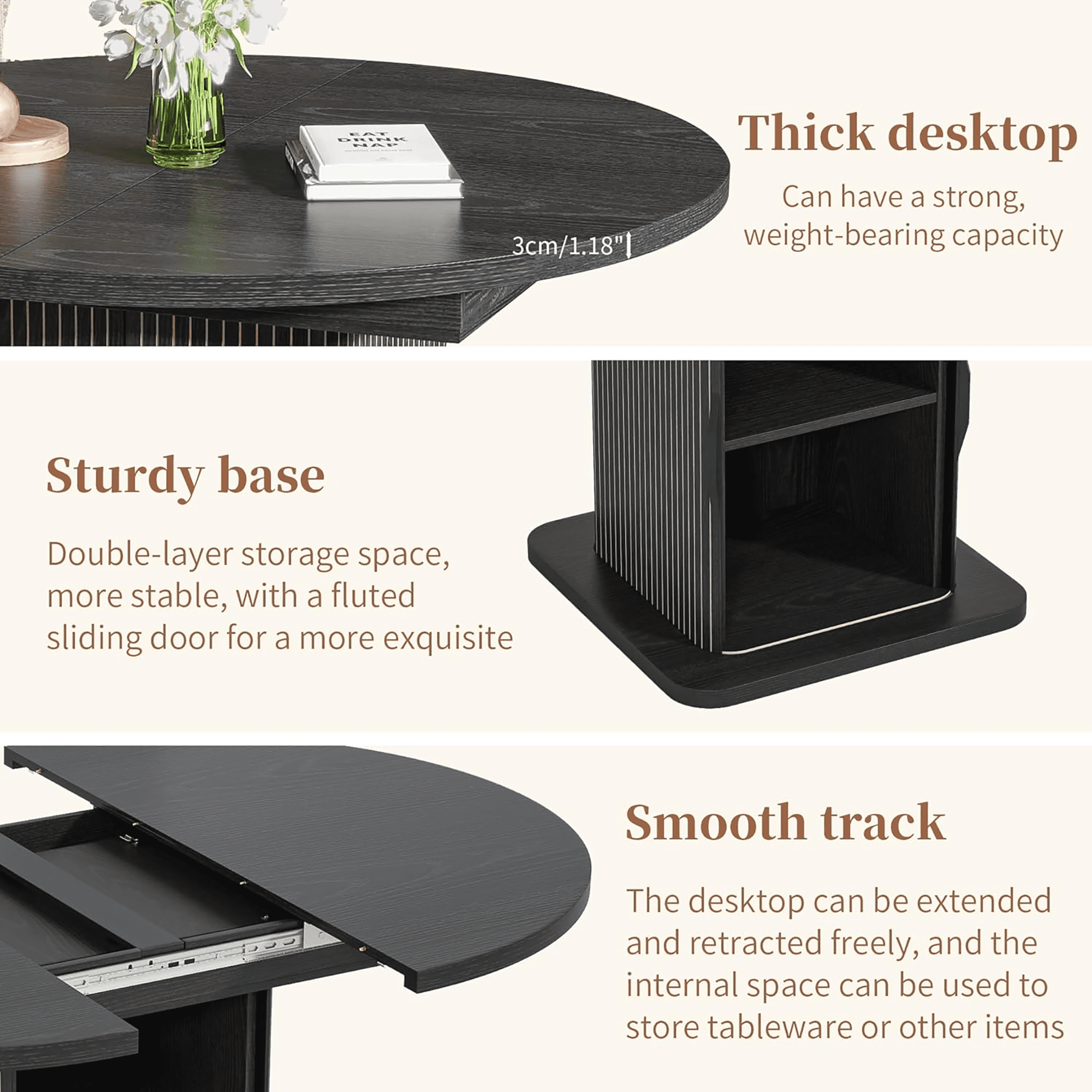 Round Dining Table for 4-8, 43.3''-59'' Extendable Kitchen Table Dinner Table with 2-Layer Storage Shelf and Wood Slide Door for Home Living Room, Black