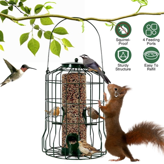 Moclever Squirrel Proof Bird Feeder, Outdoor Hanging Wild Bird Feeder with Metal Chew Proof 4 Ports for Small Songbirds, Green