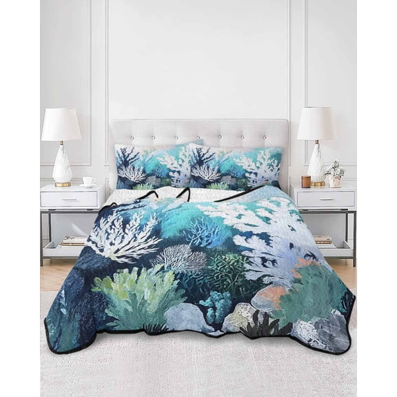 Quilts Queen Size, Coastal Ocean Soft Comforter Bedding Set for Bed, Summer Vintage Colorful Coral Lightweight Quilted Bedspread with Pillow Cover(2 Pieces) for All Season, 90x96 Inch