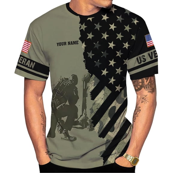 Custom Veteran Army T-Shirt US Military Pride American Flag Vintage Personalized Army Shirts for Men Memorial Day (T-shirt, S)