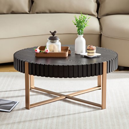 Modern Handcraft Drum Coffee Table 31.5 inch Round Coffee Table for Living Room Small Coffee Table with Sturdy Pedestal Black - MDF+Metal Matt Black - Compact Coffee Table - Living Room Bedroom -