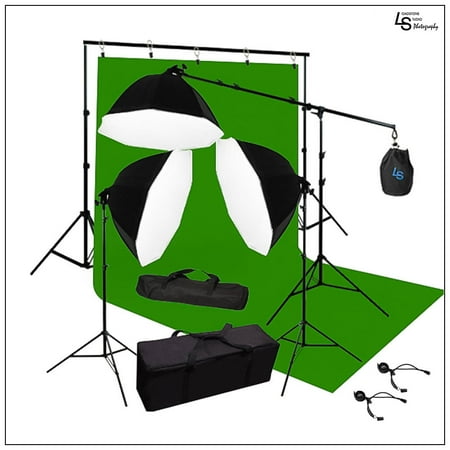 600W Triple Octagonal Softbox Lighting Kit with 3x Light Stands, 1x Boom Arm, 10'x20' Green Screen Muslin by Loadstone Studio WMLS0885