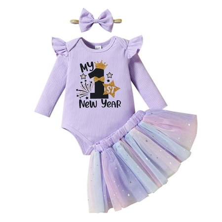 

Girls Long Sleeve New Year Letter Printed Romper Bodysuit Sequin Skirts Headbands Outfits Long Sleeve Pajamas Girls Winter Teen Girl Clothes Baby Girl Outfits 6-9 Months Clothes for Girls 2t 4 Yr Old