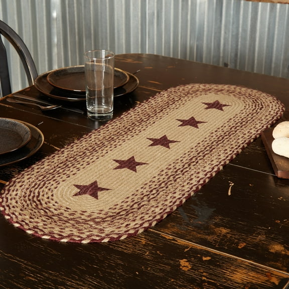 VHC Brands Burgundy Tan Primitive Jute Runner Braided Textured Stenciled Stars 13"x36"
