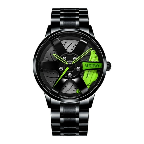 Men's Car Wheel Watch, Fashion Sport Quartz Mesh Rim Hub Watch With Stylish Green Accents, Meibo Brand Mechanical-Inspired Timepiece For Men, Black Stainless Steel Mesh Band