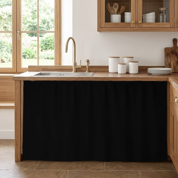 Black Cabinet Curtains for Kitchen 32"W x 55"L, Solid Color Pantry Curtain Skirt Magic Tape Short Curtains Decor Privacy Panel for Utility Closet Bathroom