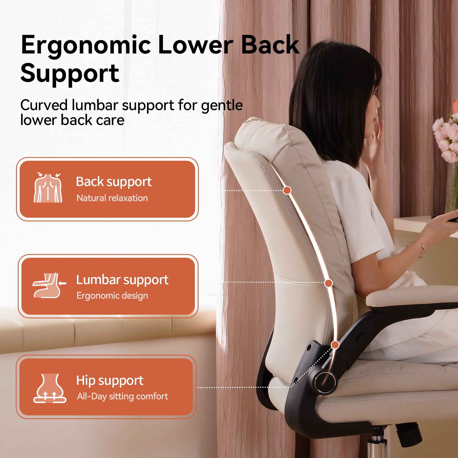 LEAGOO Ergonomic Executive Office Chair, Mid Back Comfy Desk Chairs with 3D Padded Flip-up Arms, Faux Leather Computer Rolling Chair with Wheels for Home, Adjustable Height, 300lbs, Beige