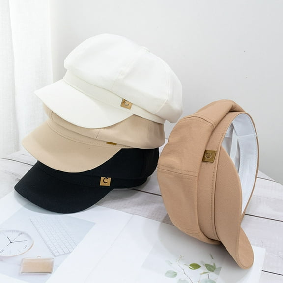 Hadanceo Short Brim Round Dome Logo Print Painter Hat Women Solid Color Beret Hat Fashion Accessories