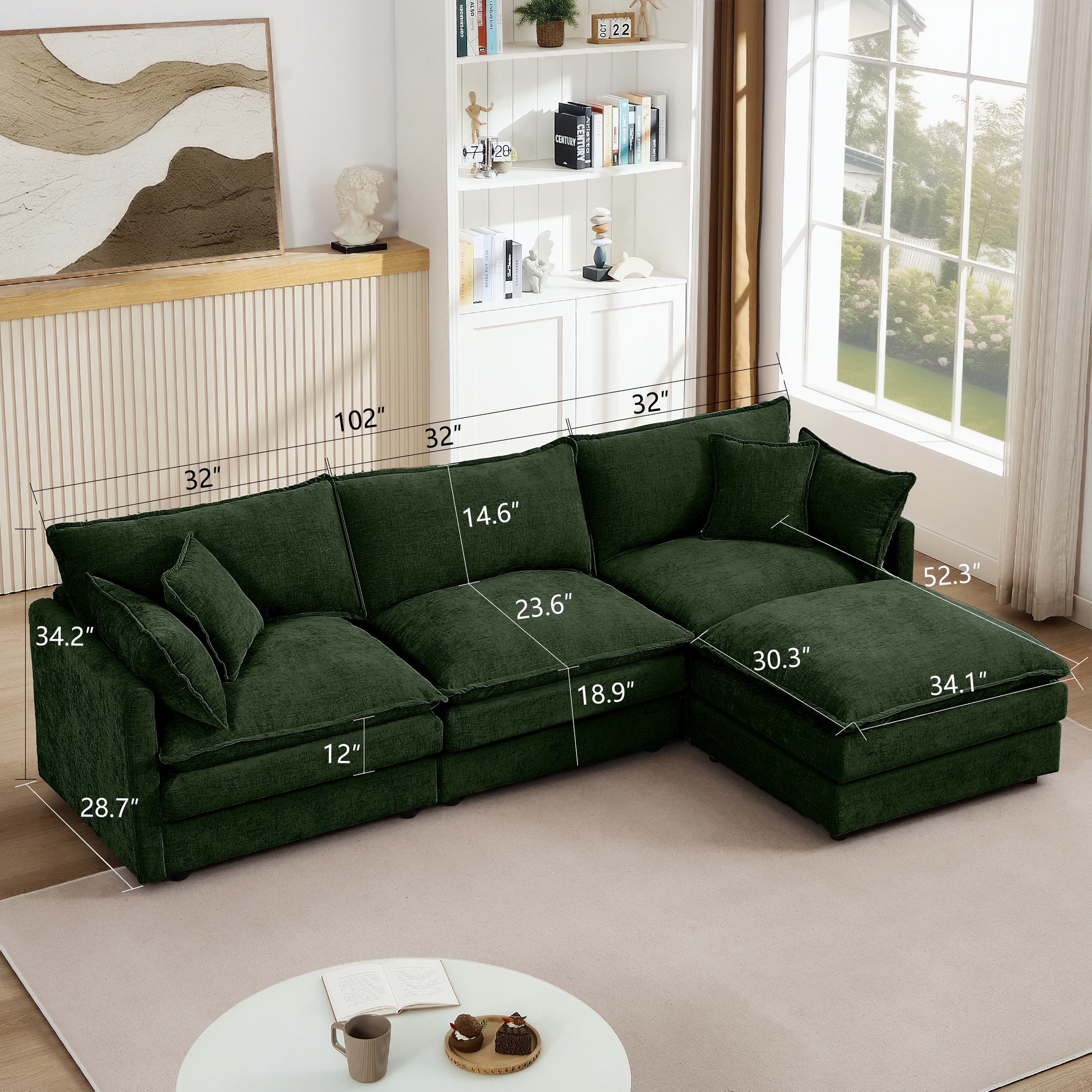 Noble House Stacy 102" Modular Sectional Sofa, L-Shaped Chenille Couch with Movable Ottoman, for Living Room, Green