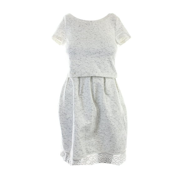 Maison Jules Womens White Short-Sleeve Marled-Knit Lace-Hem Dress XS
