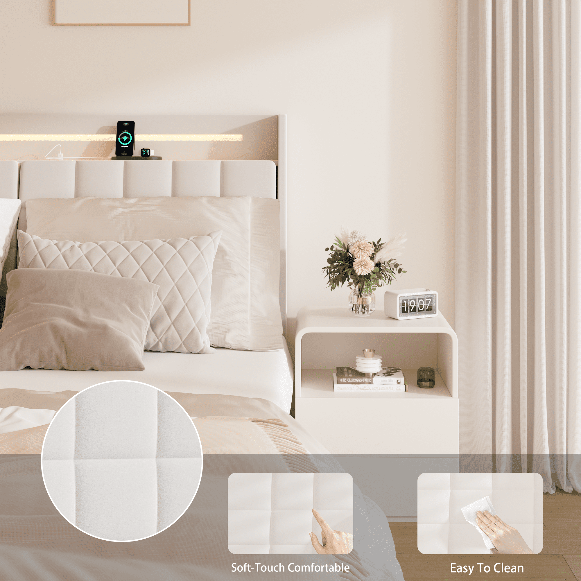 Queen Size Floating Bed Frame with LED Light and Charging Station, Upholstered Platform Bed Frame with Headboard and Hidden Storage Space, No Box Spring Needed,Beige