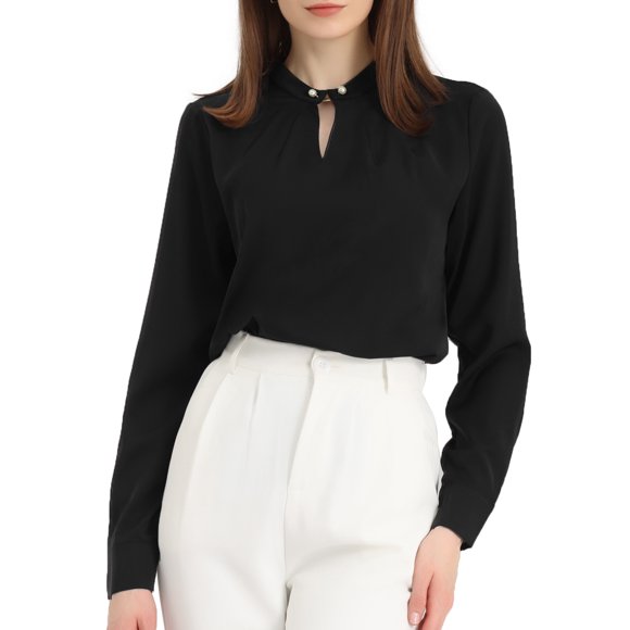 INSPIRE CHIC Women's Pleated Mock Neck Pearl Decor Elegant Work Blouse Top S Black