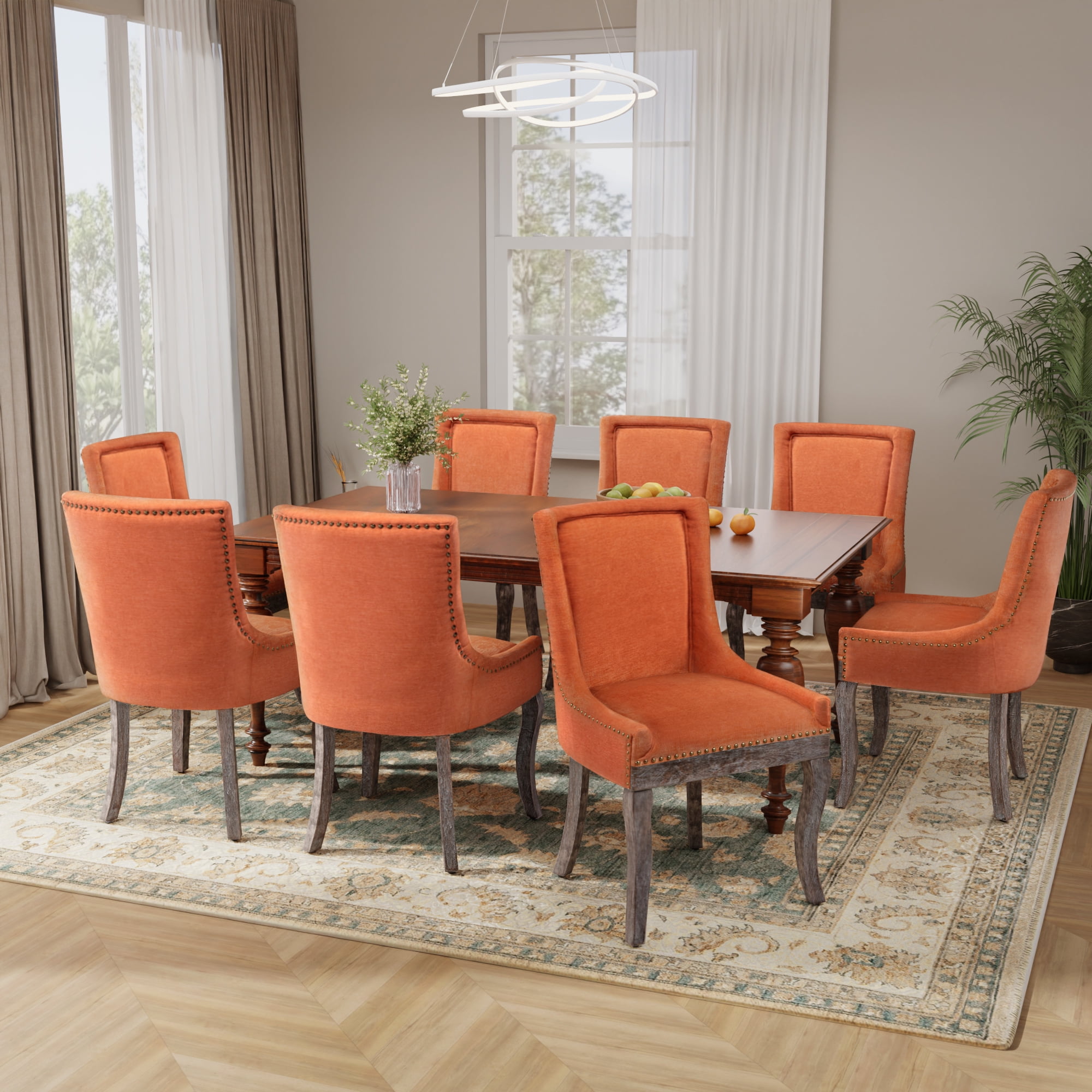 DONICK Vintage Fabric Upholstered Dining Chairs,Solid Wood Kitchen Dining Room Chairs with Nailheads Solid Wood Legs (Orange,Set of 6)