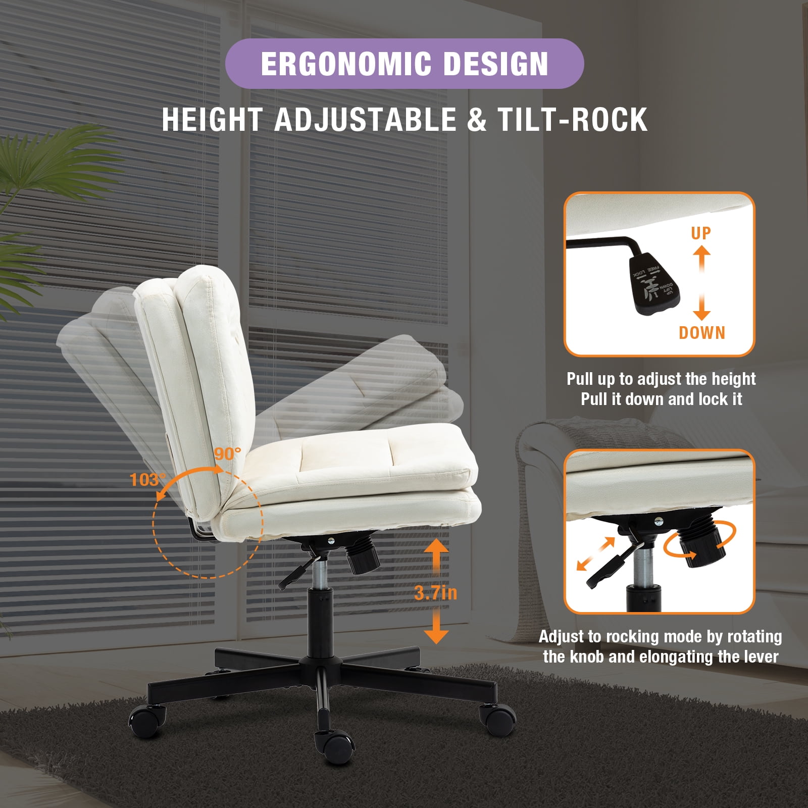 Criss Cross Legged Chair Ergonomic Home Office Desk Chair with Casters, Armless Wide Comfy Computer Task Seat Swivel Rolling Vanity Chair with Height Adjustable and Rocking Function, Beige
